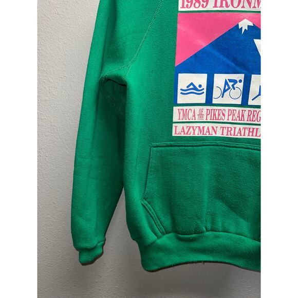 Vintage 1980s Ironman Hoodie 1989 YMCA Pikes Peak Lazyman Green 80s Discus Small - Picture 5 of 10